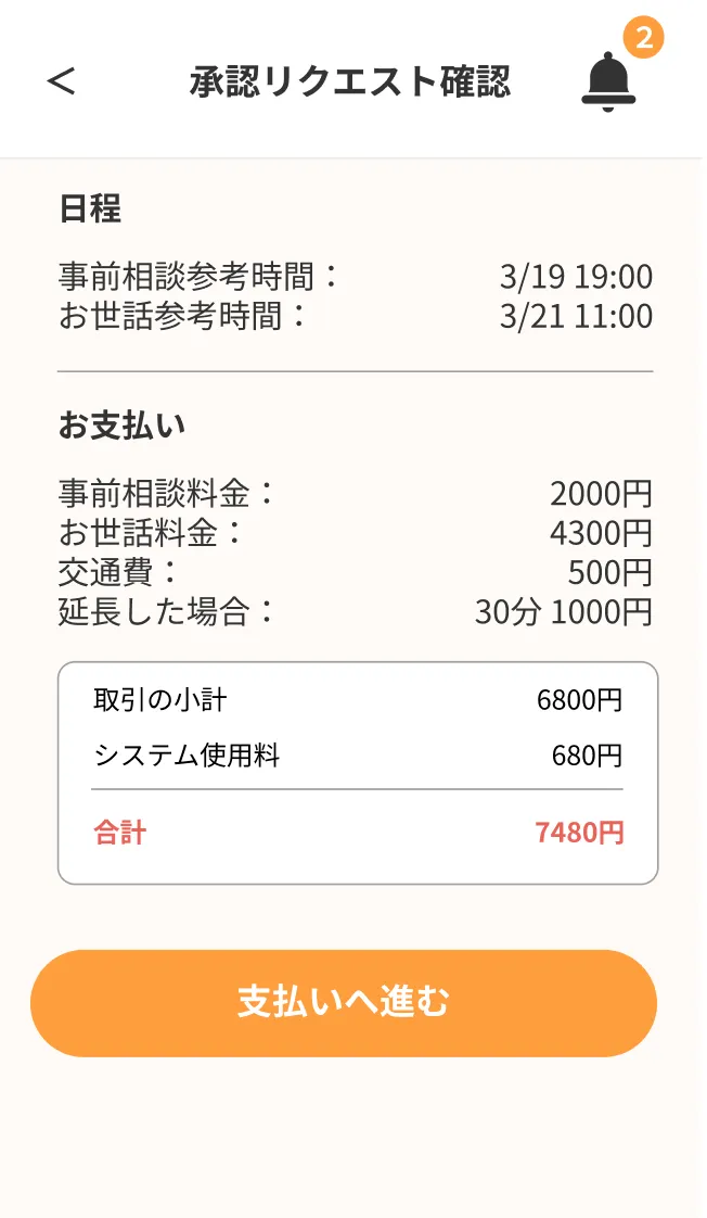 ぺっとりんぐの承認リクエスト画面