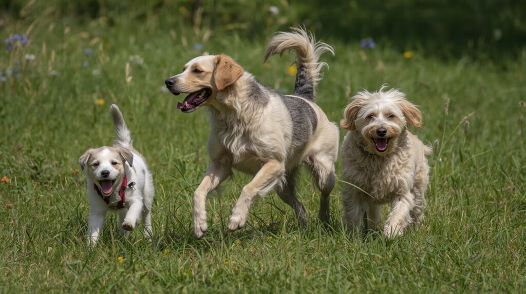 公園で仲良く遊ぶ子犬、成犬、シニア犬
